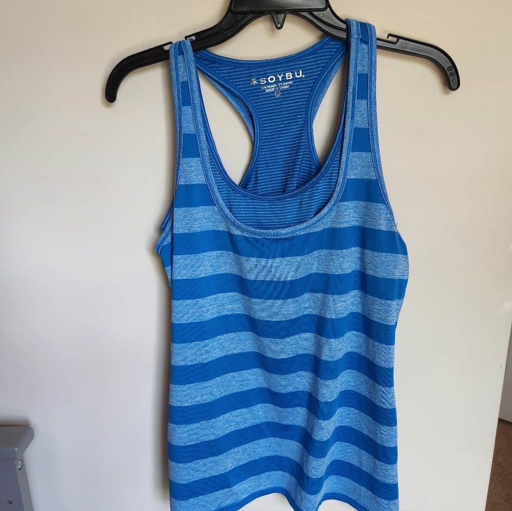Soybu  Blue Striped Womens Athletic Racerback Top With Built In Bra Size Large